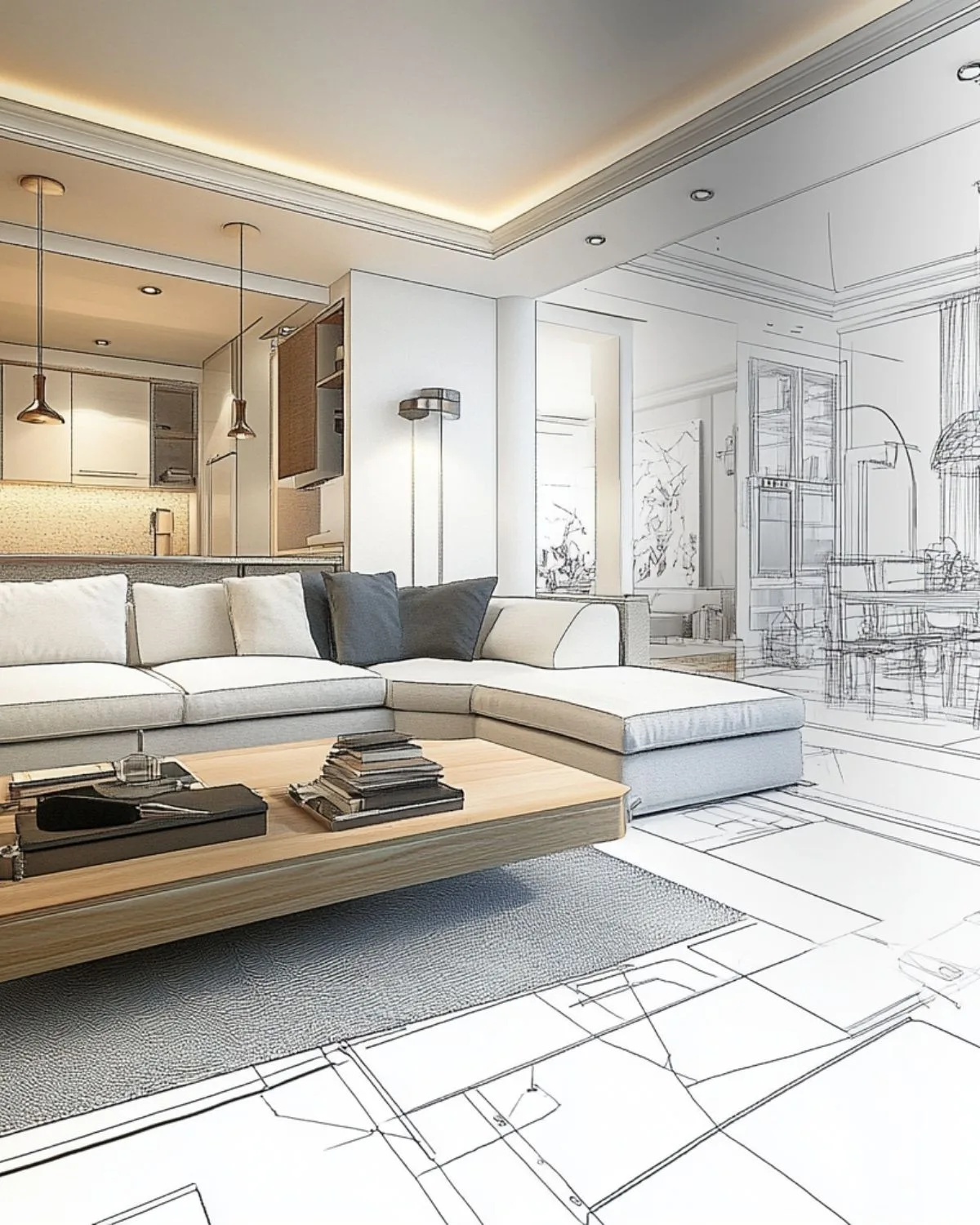 室內設計概念圖，客廳空間從設計手稿到實景呈現