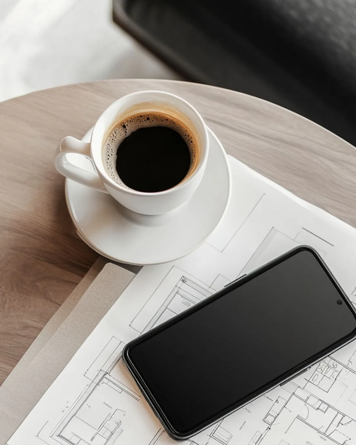 聯繫我們，咖啡杯與手機放在室內設計平面圖上