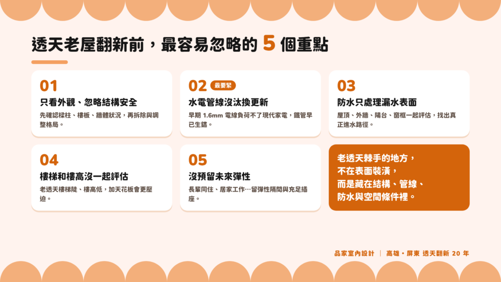 透天老屋翻新前最容易忽略的 5 個重點：結構安全、水電管線、防水、樓梯與樓高、未來彈性