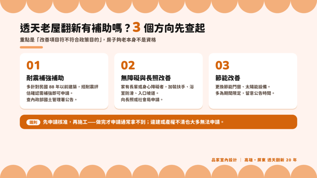 透天老屋翻新補助 3 個方向：耐震補強補助、無障礙與長照改善、節能改善，且須先申請核准再施工