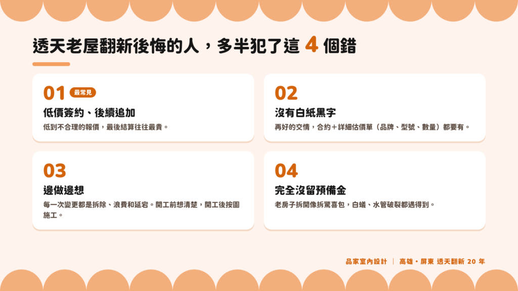 透天老屋翻新後悔的 4 個常見錯誤：低價簽約後續追加、沒有白紙黑字、邊做邊想、沒留預備金